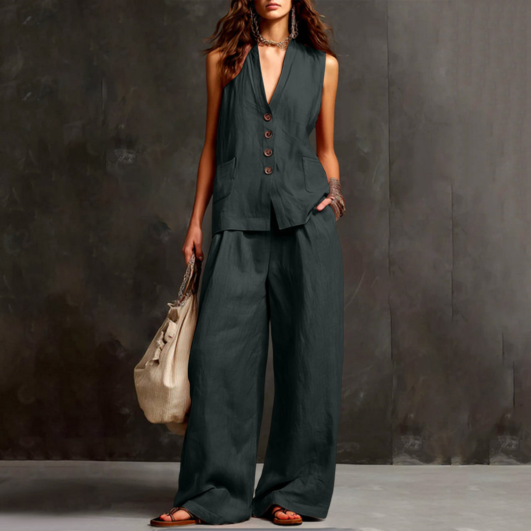 Damen Ärmelloses Longline-Westen und Palazzo-Hosen Set aus Leinenoptik – Célinea