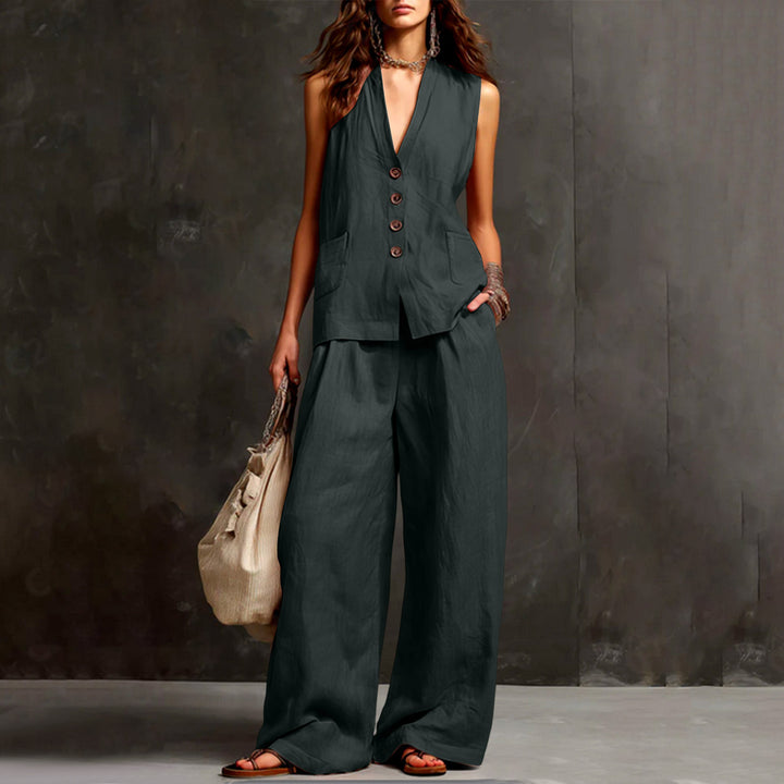 Damen Ärmelloses Longline-Westen und Palazzo-Hosen Set aus Leinenoptik – Célinea