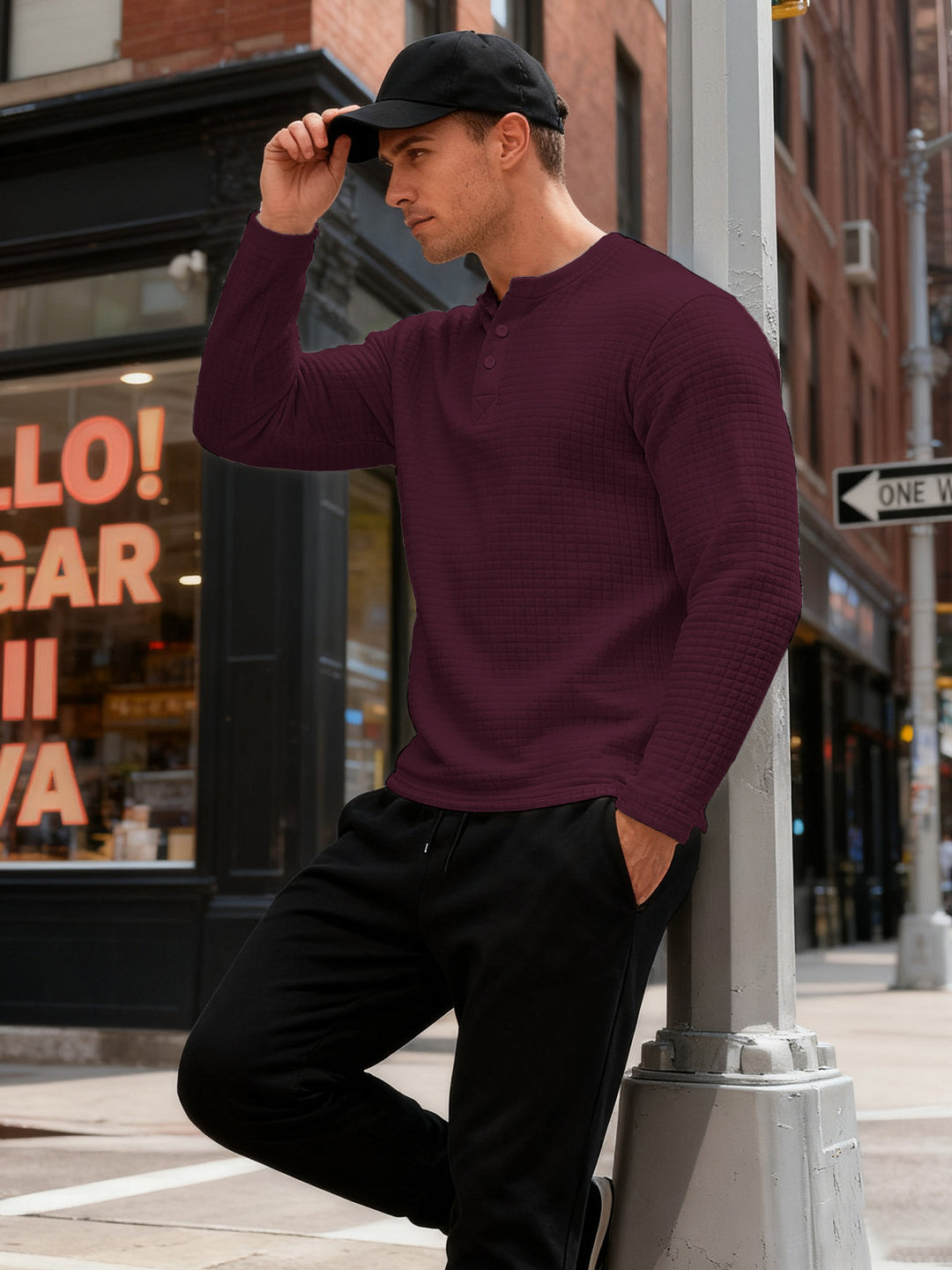 Herren nan strukturiertes Henley-Langarmshirt aus Waffelstrick mit Stehkragen und schmaler Silhouette Echo Archiv