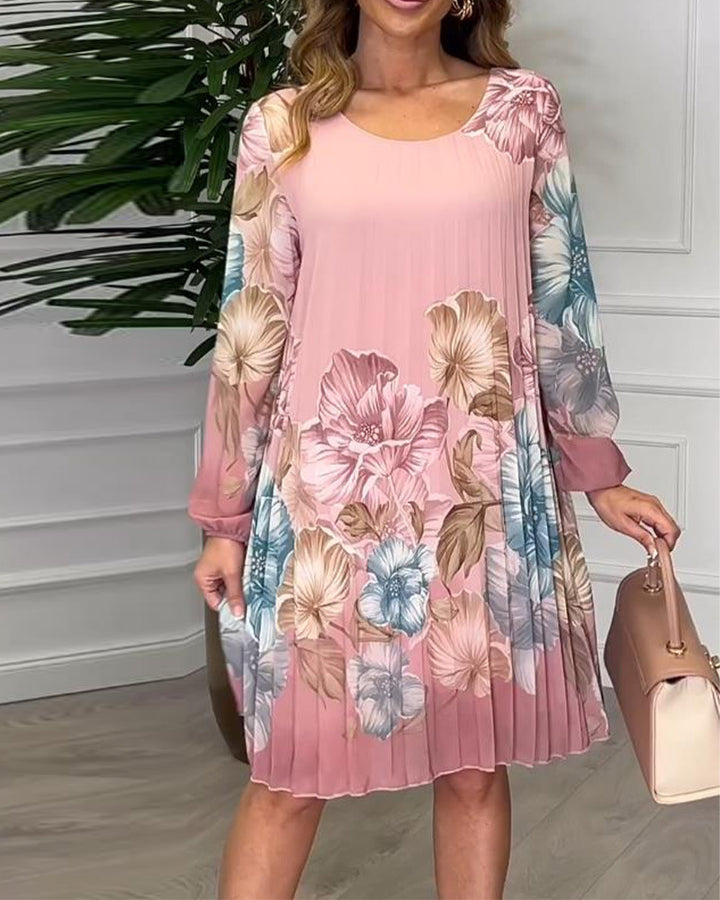 Damen nan knielanges plissiertes Chiffonkleid mit floralem Print, transparenten Ärmeln und Rundhalsausschnitt Echo Archiv