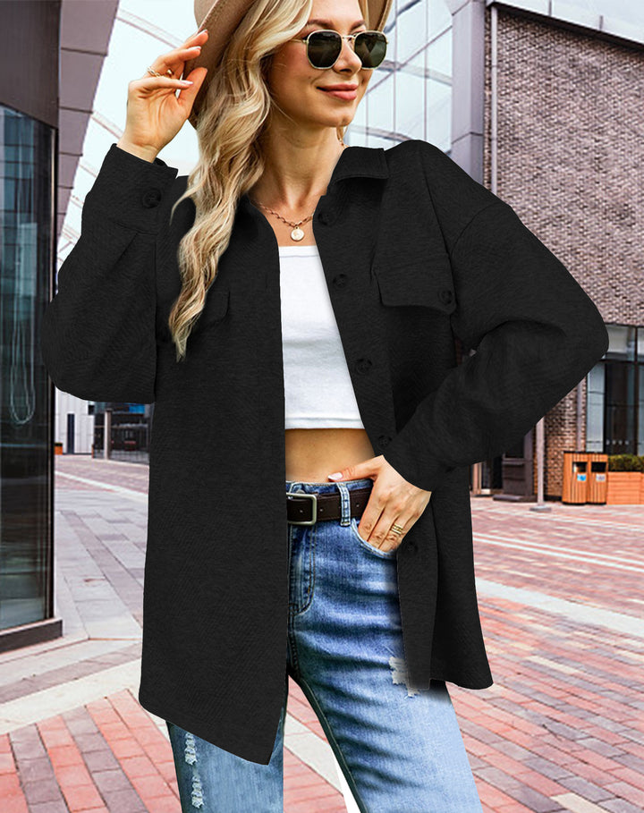 Damen Longline Oversize Hemdjacke mit aufgesetzten Pattentaschen und Strukturstoff – Célinea