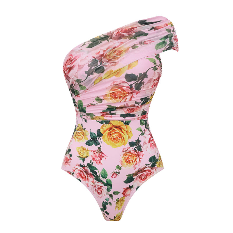 Damen Einseitiger Badeanzug mit floralem Drapierungsdesign Echo Archiv