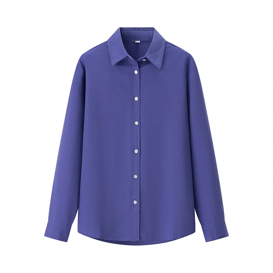 Damen lässige oversized Boyfriend-Bluse mit Hemdkragen, verdeckter Knopfleiste und abgerundetem Saum – Élovi