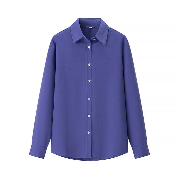 Damen lässige oversized Boyfriend-Bluse mit Hemdkragen, verdeckter Knopfleiste und abgerundetem Saum – Élovi
