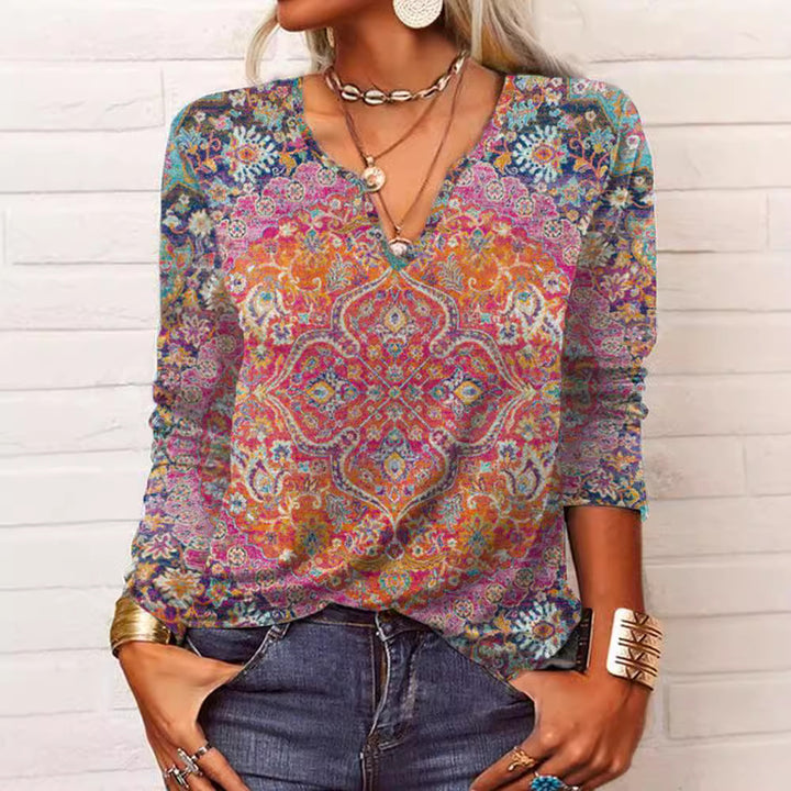 Damen Boho-Print V-Ausschnitt Tunika-Shirt – Avérine