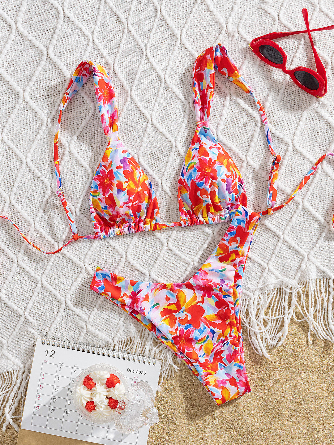 Damen Triangel-Bikini mit buntem Blumendesign und verstellbaren Trägern Echo Archiv