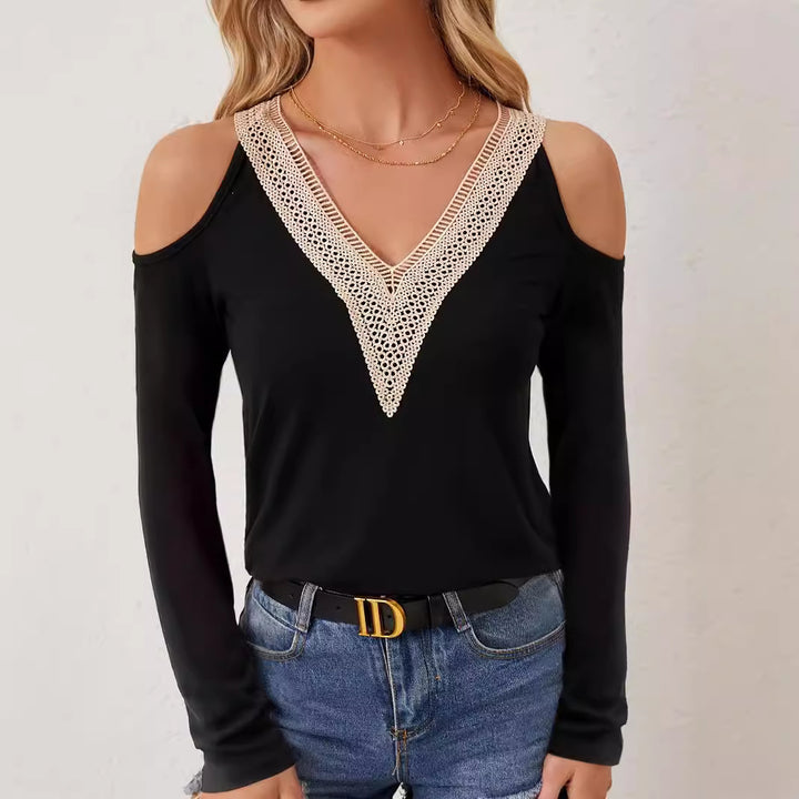 Damen nan Langarmshirt mit offenen Schultern und gehäkeltem V-Spitzenbesatz Echo Archiv