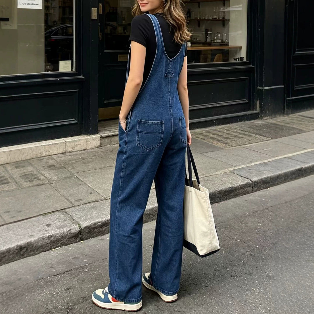 Damen nan weite Denim-Latzhose mit hoher Taille, verstellbaren Trägern und lässigem Schlag Echo Archiv