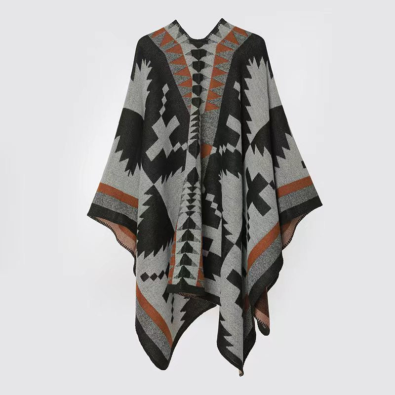 Damen Oversize-Capeponcho im Azteken-Jacquard aus weichem Wollmix mit asymmetrischem Zipfelsaum – Montévia