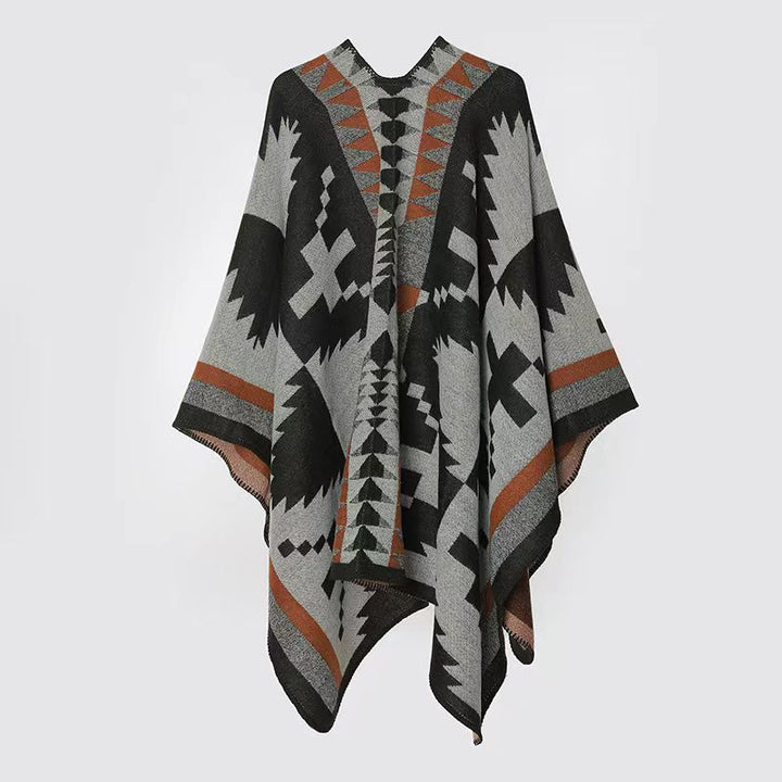 Damen Oversize-Capeponcho im Azteken-Jacquard aus weichem Wollmix mit asymmetrischem Zipfelsaum – Montévia