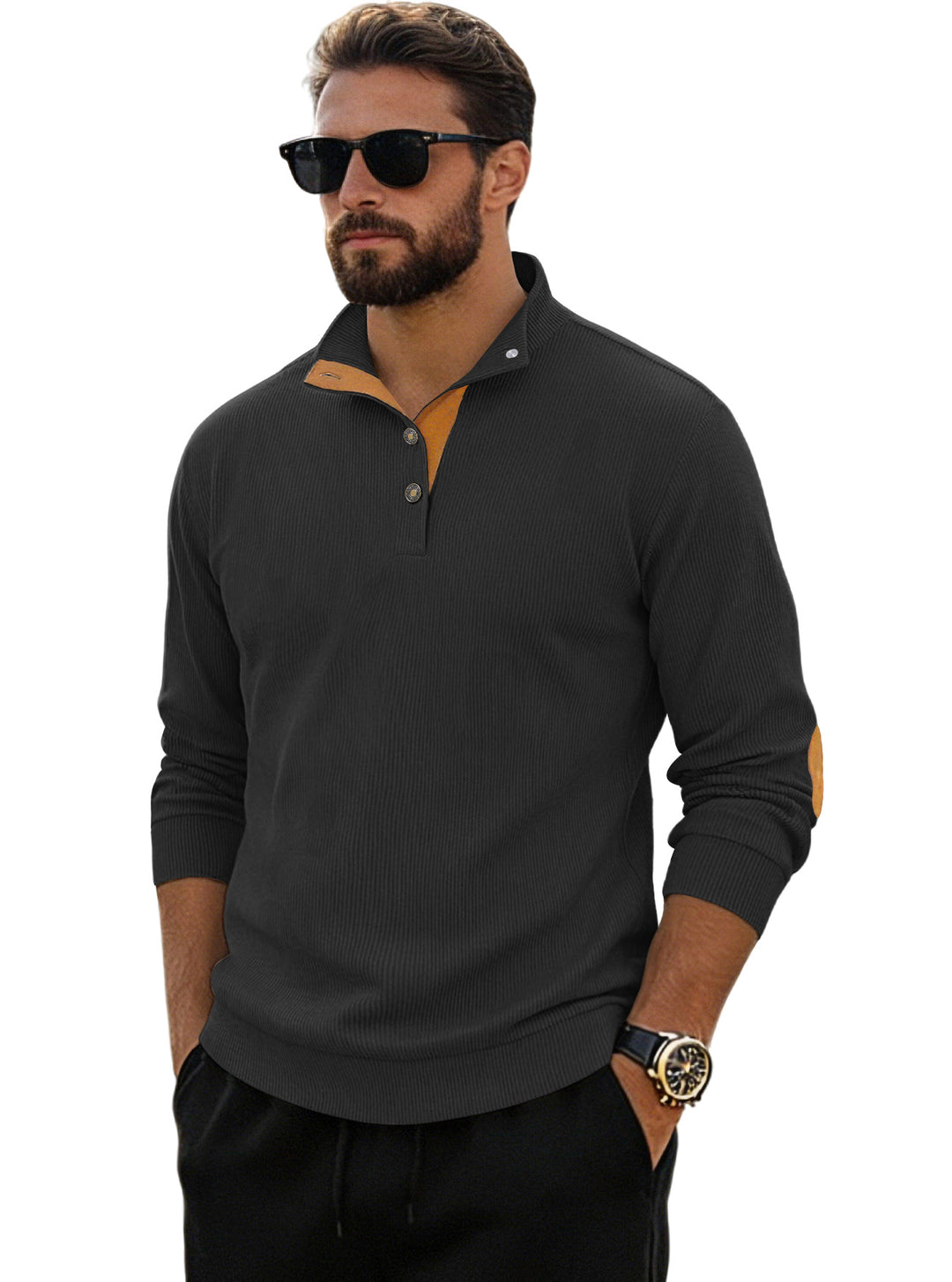 Herren nan fein gerippter Strickpullover mit Polokragen Knopfleiste und Ellenbogenbesatz Echo Archiv