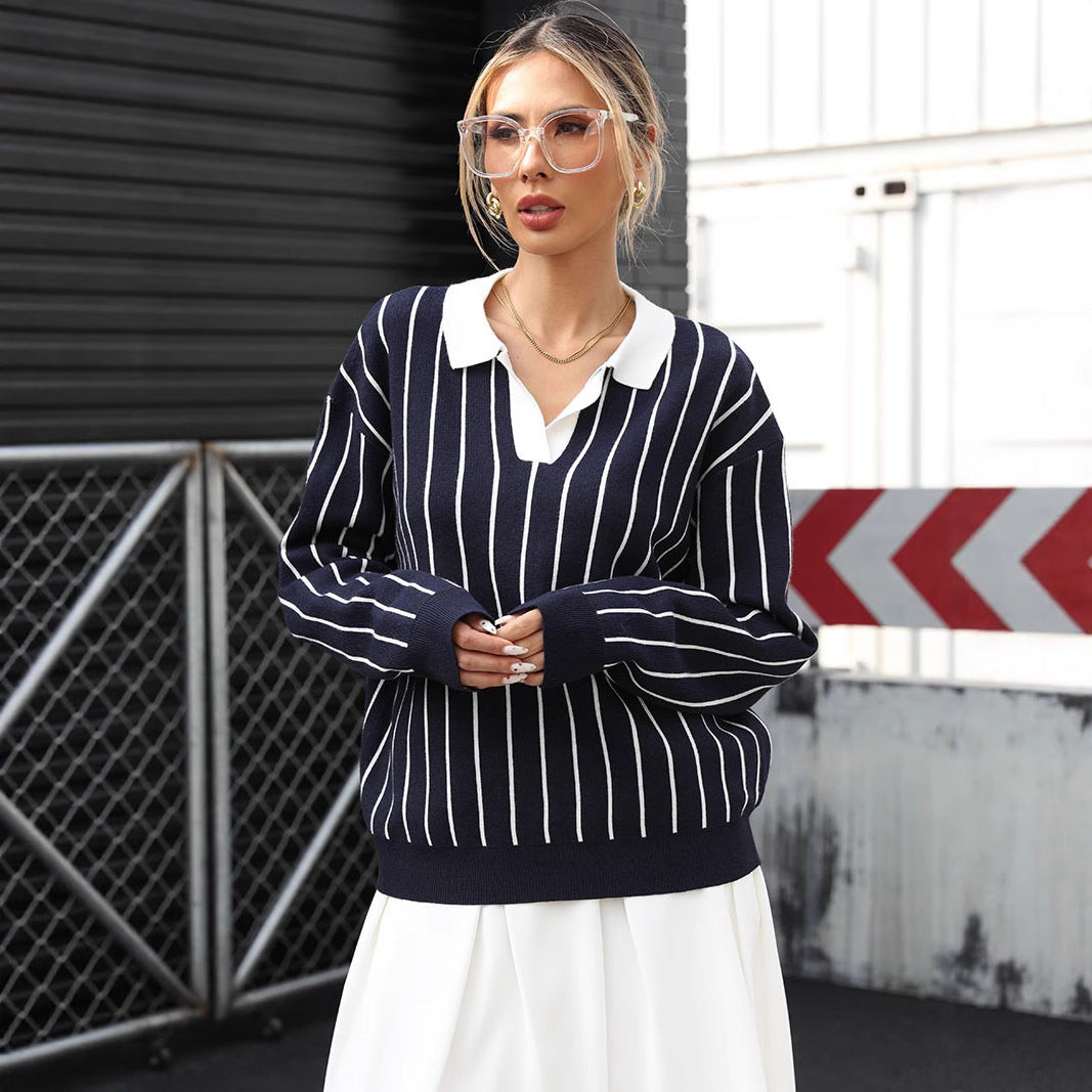 Damen Modischer Strickpullover mit Polo-Kragen und gestreiftem Design Echo Archiv