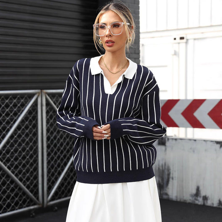 Damen Modischer Strickpullover mit Polo-Kragen und gestreiftem Design Echo Archiv