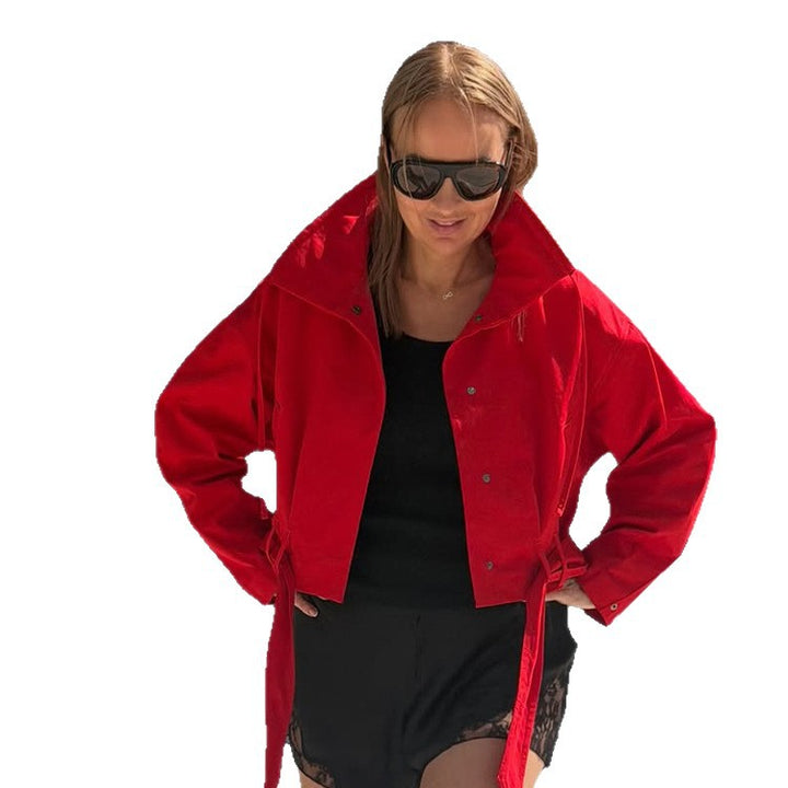 Damen Oversize Kurzjacke mit Taillengürtel und Hemdkragen Echoarchiv