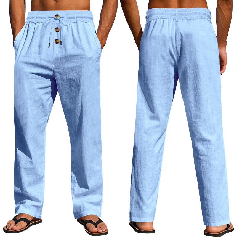 Herren Bequeme Leinenhose mit elastischem Bund und Knopfdetails Echoarchiv