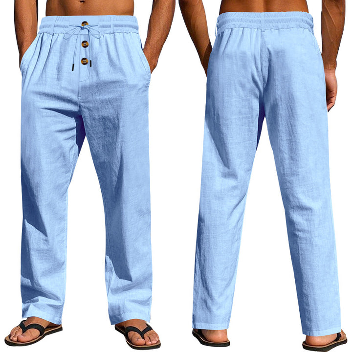 Herren Bequeme Leinenhose mit elastischem Bund und Knopfdetails Echoarchiv