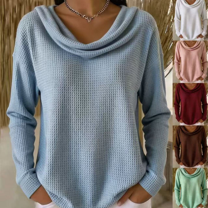 Damen Lässiger Waffelstrick-Pullover mit weitem Wasserfallkragen und gerundetem Saum Echoarchiv