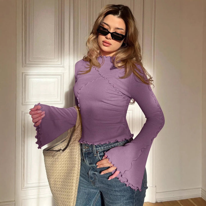 Damen Geripptes Langarmshirt mit Rüschen-Saum und Stehkragen Echo Archiv