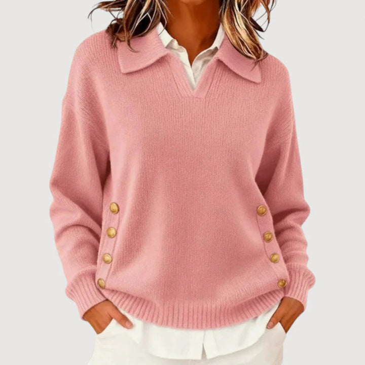 Damen Modischer Strickpullover mit Kragen und Knopfdetails