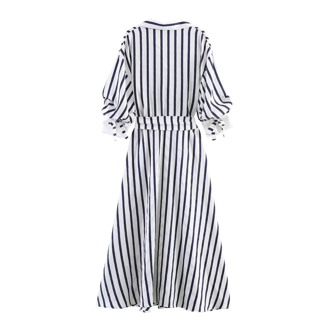 Damen Midi-Hemdblusenkleid mit diagonalen Streifen, tailliertem Bindegürtel und Ballonärmeln Echo Archiv