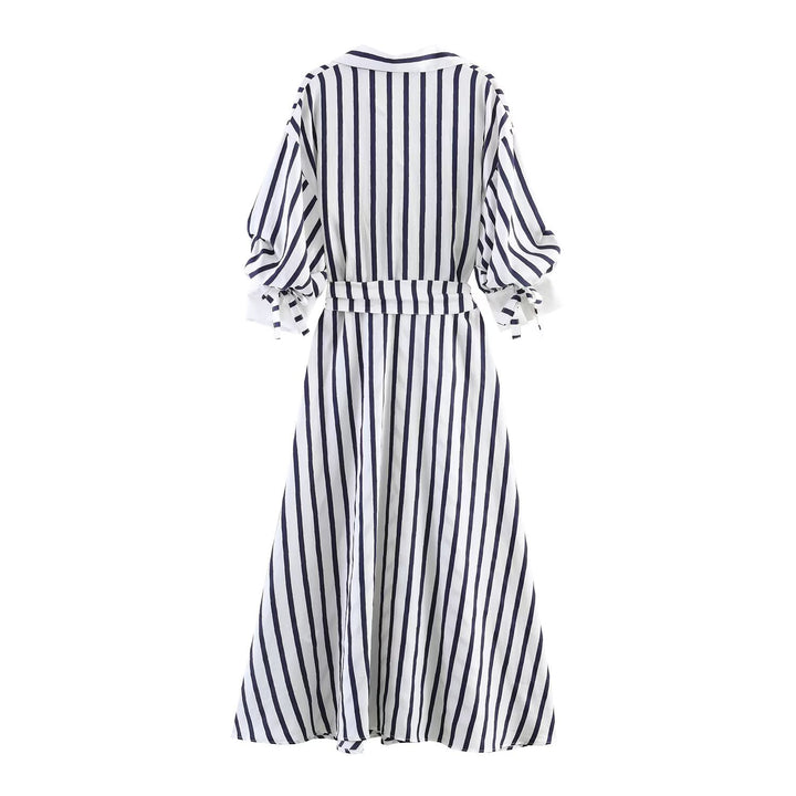 Damen Midi-Hemdblusenkleid mit diagonalen Streifen, tailliertem Bindegürtel und Ballonärmeln Echo Archiv