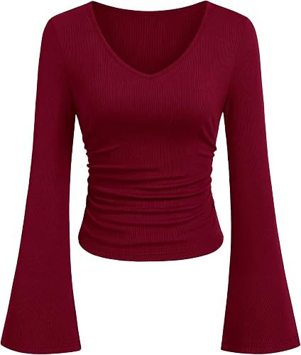 Damen Geripptes Cropped-Top mit V-Ausschnitt, taillierter Raffung und ausgestellten Trompetenärmeln – Orélia