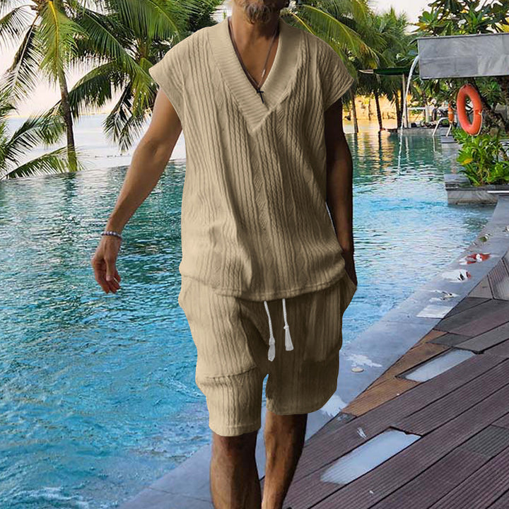Herren lässiges Urlauboutfit mit stylish V-Ausschnitt und elastischem Bund Echoarchiv