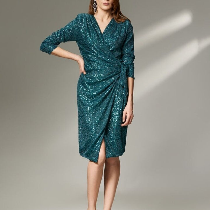 Damen Glamouröses Pailletten-Kleid mit Wickeloptik und langen Ärmeln Echo Archiv