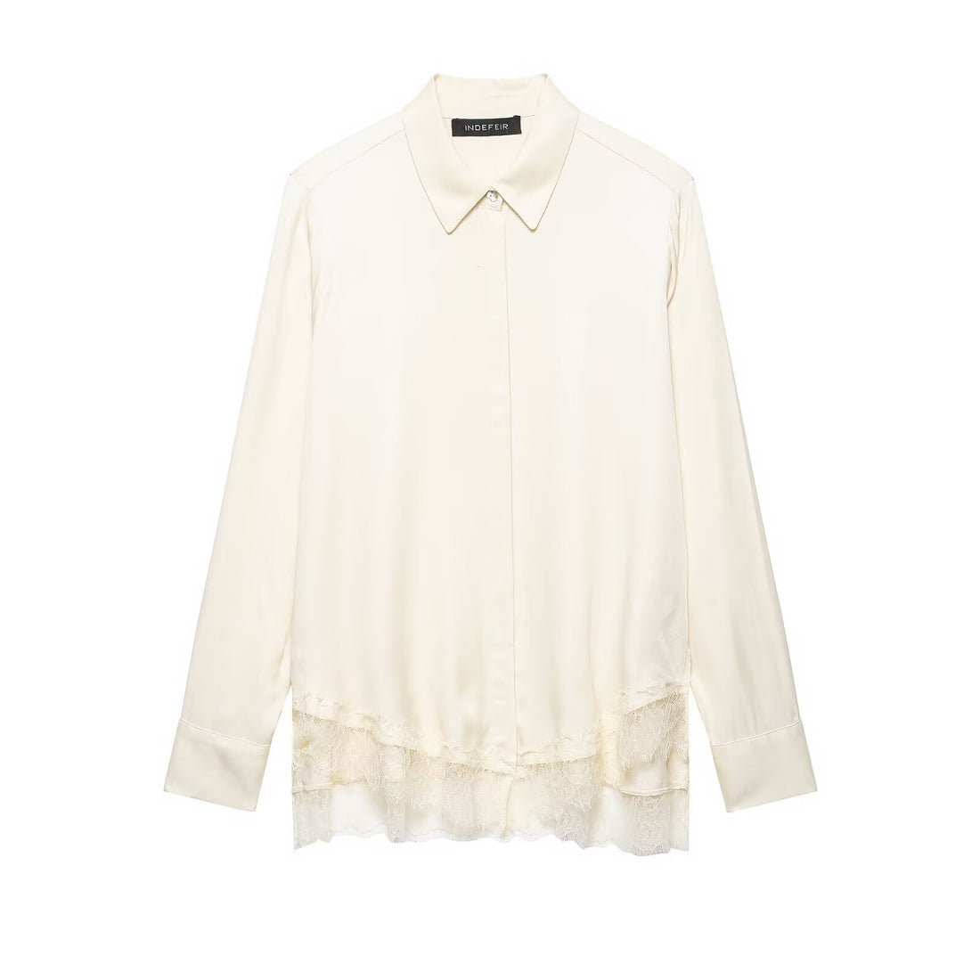 Damen Seidenähnliche Bluse mit verdeckter Knopfleiste und Spitzenbesatz Echoarchiv