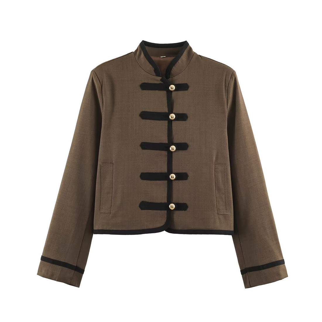 Damen Kurzjacke im Mandarinstil mit dekorativen Zierknoten und Kontrastbesatz Echoarchiv