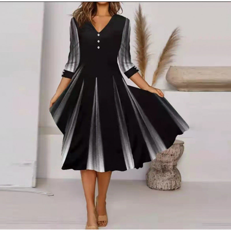 Damen V-Ausschnitt Midi-Kleid mit fließendem Rock und floralem Ärmeldesign Echoarchiv