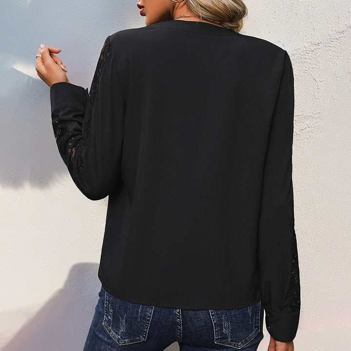 Damen Elegante Chiffonbluse mit Stehkragen, V-Ausschnitt und Spitzenbesatz an Ärmeln Echoarchiv