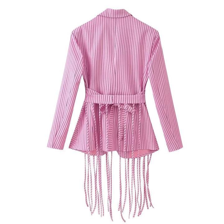 Damen 20+ taillierter Blazer mit Fransen-Detail und Nadelstreifen Echo Archiv