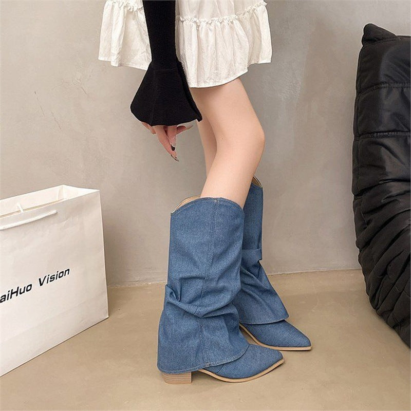 Damen Slouchy Cowboy‑Stiefel aus Denim mit spitzer Zehenform und niedrigem Blockabsatz – Lioré