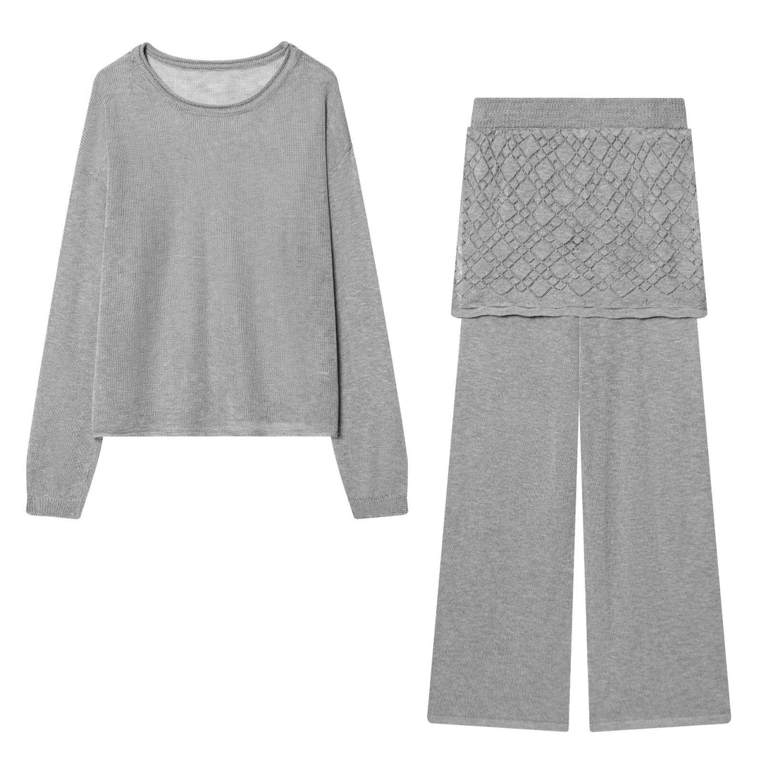Damen Strick-Lounge-Set mit weitem Rundhals-Pullover und Highwaist-Schlaghose mit Spitzen-Detail Echo Archiv