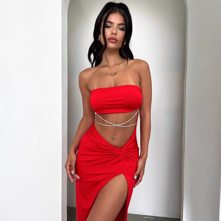 Damen Elegantes bandeau Maxikleid mit hohem Schlitz und glänzenden Details Echo Archiv