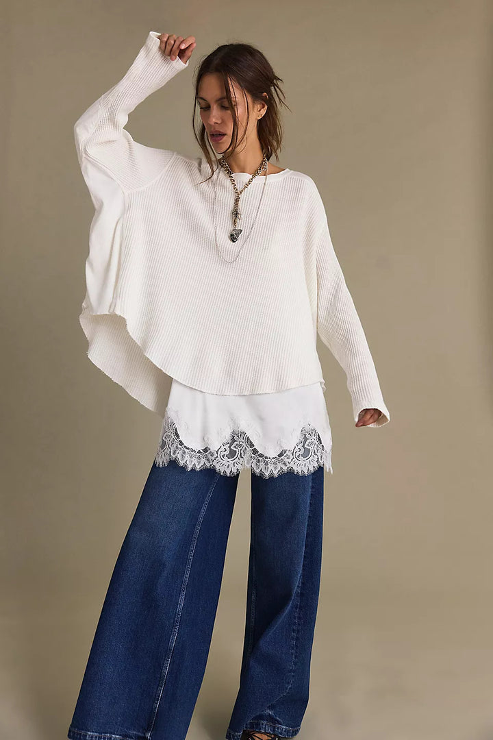Damen Oversized Waffelstrick-Pullover mit weitem Schnitt und tiefem Raglan – Mavelle