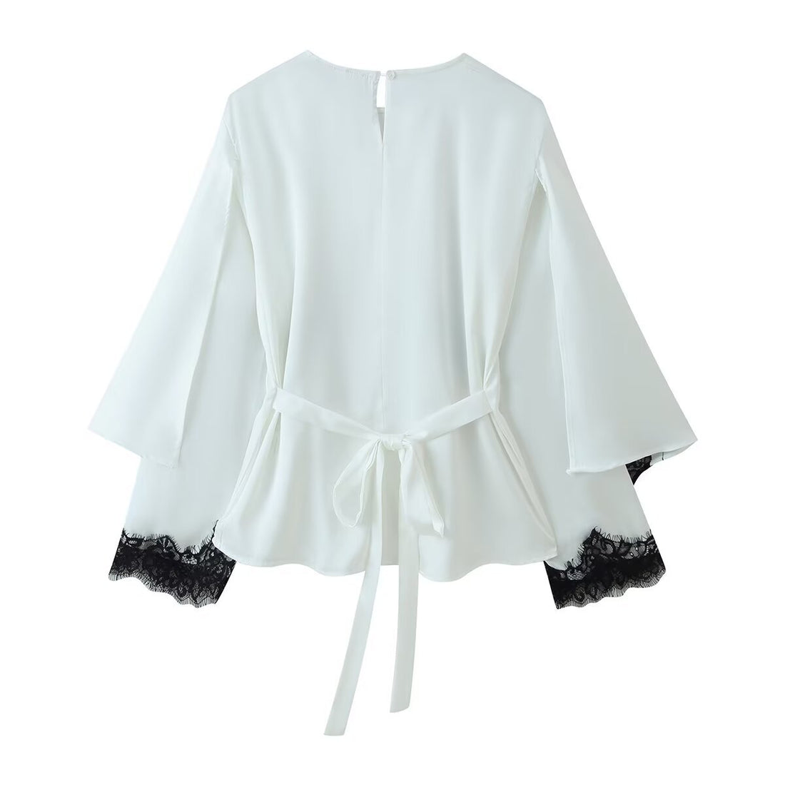 Damen Elegante Chiffonbluse mit Spitzenborte, weitem Kimonoärmel und Bindeband Echoarchiv
