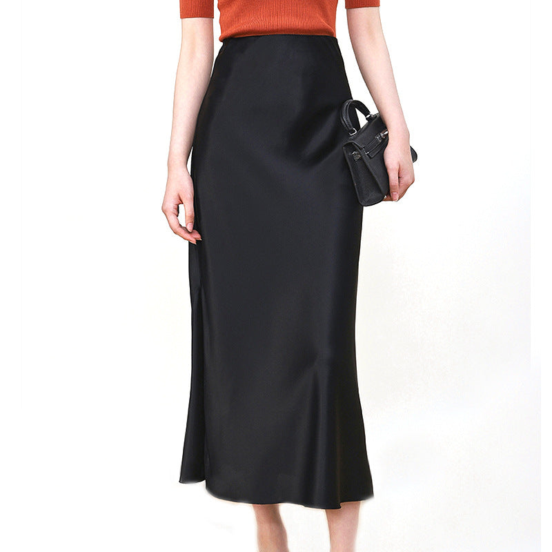 Damen Eleganter Hochtaillierter Satin-Midirock Echoarchiv