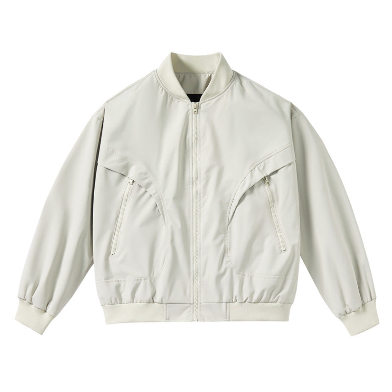 Unisex lightweight stretch shell zip-front bomber jacket with curved zip utility pockets – Brevano
