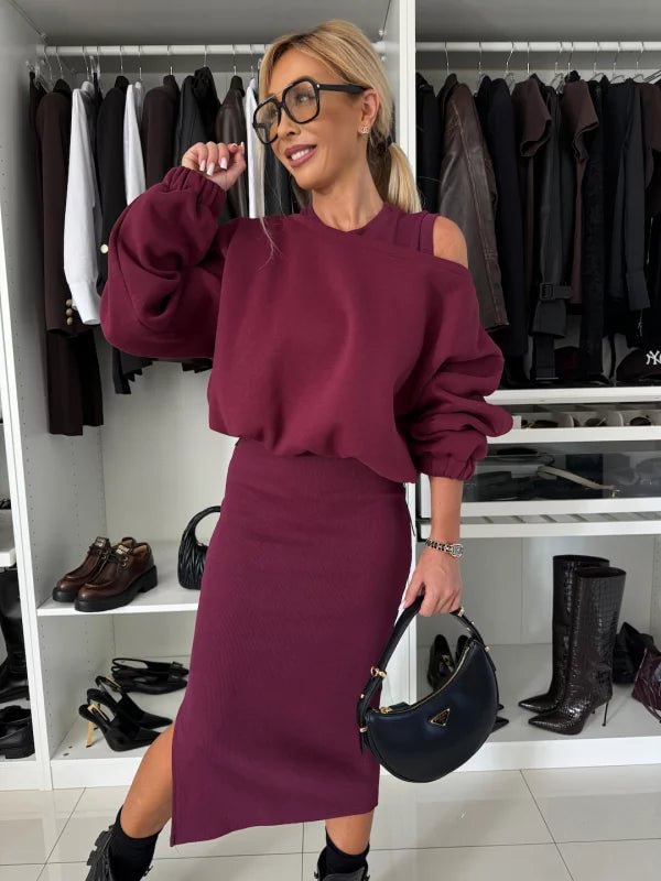 Damen Bequemes Sweatset mit Ein-Schulter-Ausschnitt und Taillierter Midi-Rock Echoarchiv