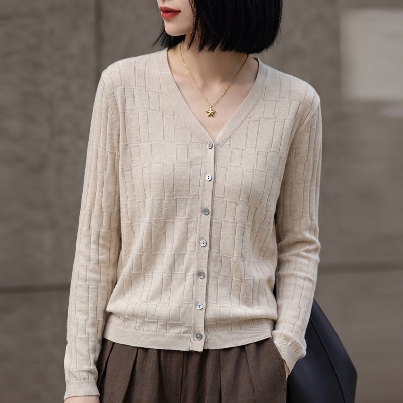 Damen V‑Ausschnitt-Feinstrickcardigan mit strukturierter Blockoptik und durchgehender Knopfleiste Echoarchiv