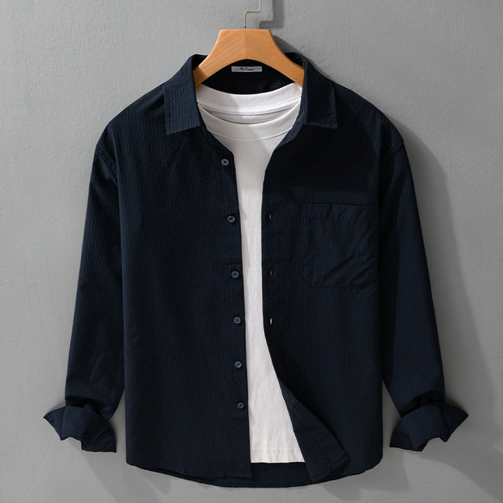 Herren Struktur-Overshirt aus atmungsaktivem Baumwollmix mit feinem Streifenrelief und Brusttasche Echoarchiv