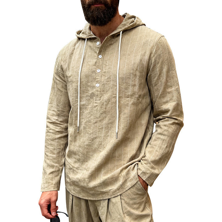 Herren nan Kapuzenshirt aus Leinenmix mit halber Knopfleiste und Nadelstreifen Echo Archiv