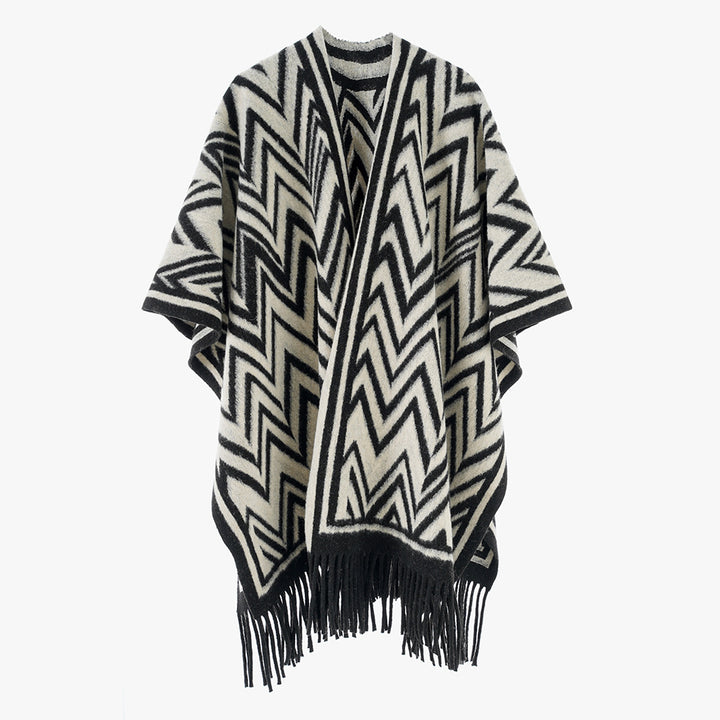Damen Großer Fransenponcho im Oversize‑Cape mit geometrischem Zickzack‑Jacquard Echo Archiv