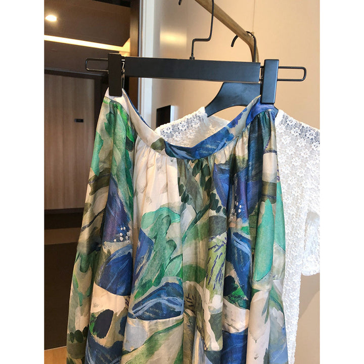 Damen Zweiteiliges Set: Gehäkelte Spitzenbluse mit ellbogenlangen Ärmeln & Floraler taillenhoher Midirock Echo Archiv
