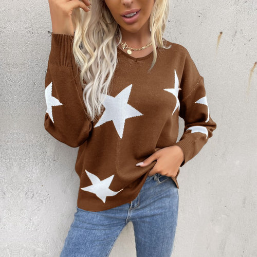 Damen Sternen-Feinstrickpullover mit V-Ausschnitt und lässiger Oversize-Passform Echoarchiv