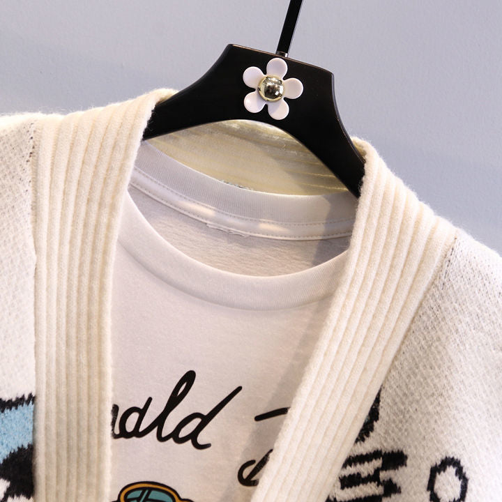Damen Cartoon-Design Strickjacke mit breiten Ärmeln und Taschen Echoarchiv