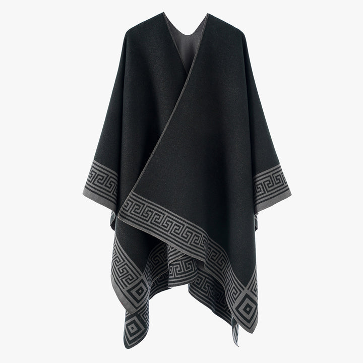 Damen Poncho‑Cape mit griechischer Bordüre, V‑Ausschnitt und kastigem Oversize‑Schnitt – Avérine
