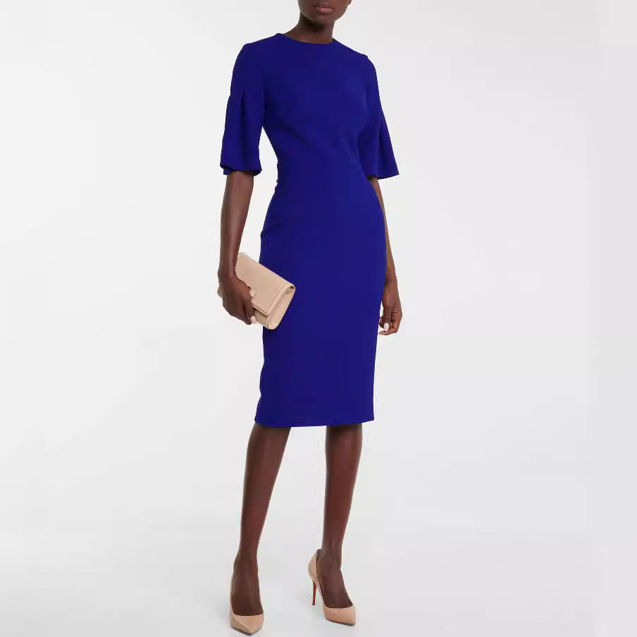 Damen Figurbetontes Midikleid mit Trompetenärmeln und Rundhalsausschnitt Echoarchiv